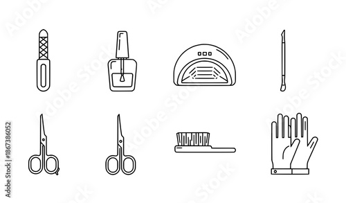 Minimal manicure nail technician equipment line icon vector set