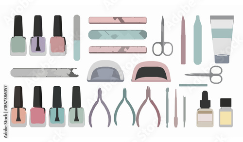 Manicure nail art tools flat vector illustration beauty salon set
