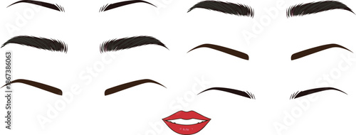 Female Eyebrow Shapes and Red Lips Set for Makeup, Beauty, Fashion, and Facial Expression Flat Vector Illustration