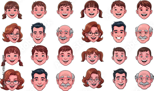 Collection of happy cartoon family faces