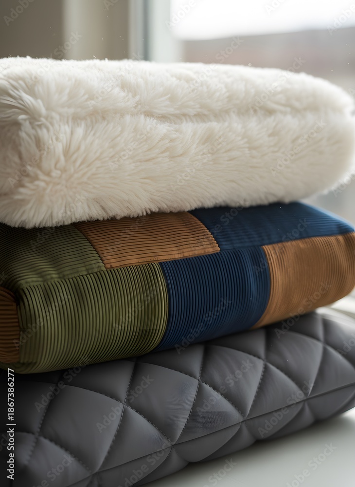Fototapeta premium Stacked decorative cushions with diverse textures: fluffy white, ribbed multicolor, and quilted gray for modern home interior.