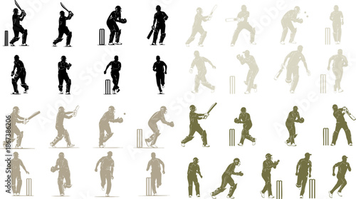 Cricket player action silhouette set