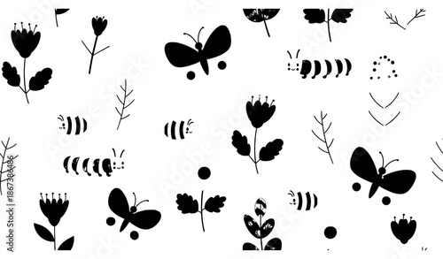 Colorful children nature seamless pattern flowers leaves insects vector