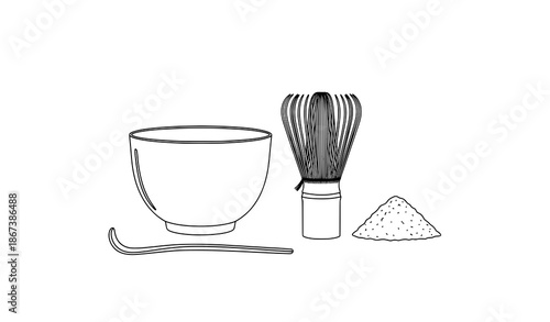 Matcha tea ceremony tools line illustration with bowl whisk scoop and powder