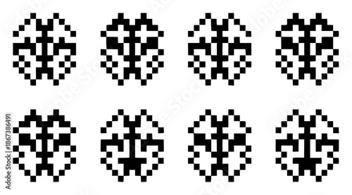 Identical black and white pixelated abstract snowflake patterns arranged in rows