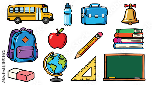 Assorted educational supplies and objects arranged on a white background including a school bus, luggage, bell, books, pencil, globe, ruler, chalkboard, apple, and backpack