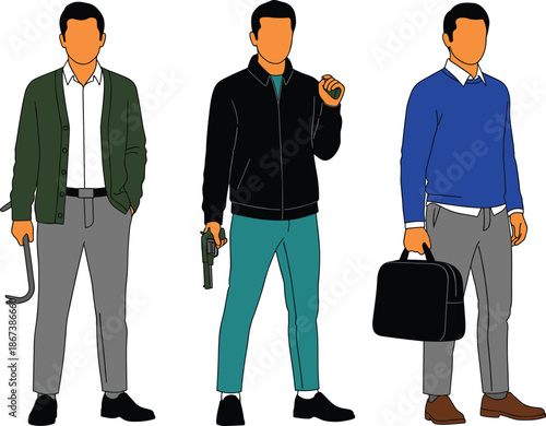 Flat Vector Illustration of Criminal Gang Characters with Weapons and Businessman Disguise Isolated on White Background