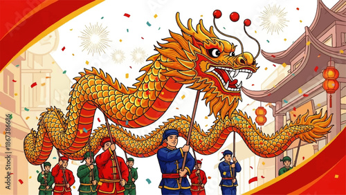 Vibrant Chinese Day Celebration with Golden Dragon Dance Performance in Traditional Attire