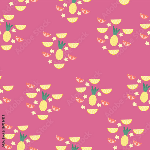 Cheerful seamless tropical pattern with pineapples, lemon and grapefruit slices and white flowers on pink background, flat illustration style for summer textiles and packaging