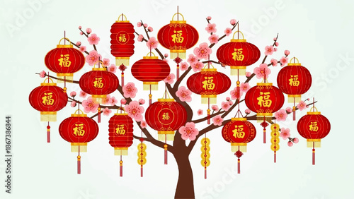 Celebrating a vibrant Chinese day with lanterns and blossoms on a festive tree