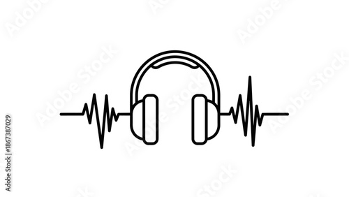 Black Outline Headphones with Sound Wave Icon on Isolated White Background