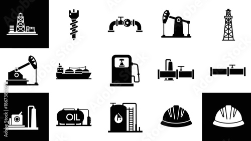 Oil and Gas Industry Icons Set on Isolated White Background