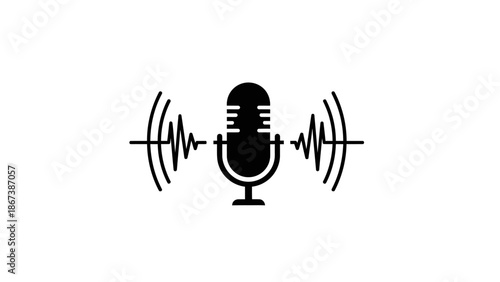 Black Microphone Icon with Sound Waves on Isolated White Background