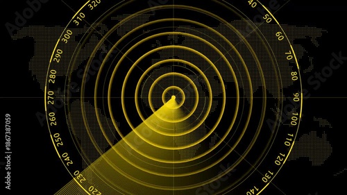 Radar screen loop with scanning beam circular grid.  Scanning Submarine Radar Screen with World Map. tracking systems, and advanced technology solutions. 