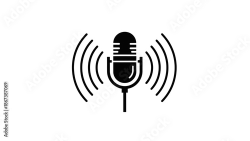 Dynamic Microphone Icon Emitting Sound Waves Isolated on White Background