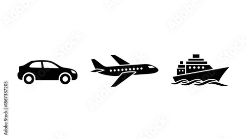 Black silhouette icons of a car, airplane, and ship, representing various global modes of travel on an isolated white background.