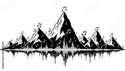 Abstract mountain landscape with integrated sound waves and musical notes, symbolizing outdoor music or soundscapes and nature's harmony.