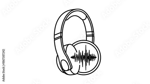 Modern headphones with an active sound wave equalizer on an isolated white background, symbolizing music listening and audio experience.