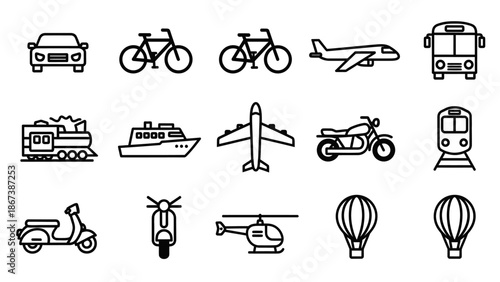 Collection of diverse transportation vehicle line icons, including cars, airplanes, trains, and bicycles, on a bright studio background.