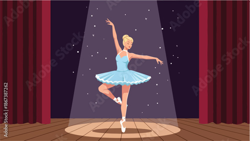 Beautiful Ballerina Dancing on Stage Under Spotlight. Professional Female Ballet Dancer Performing Solo in Blue Tutu. Graceful Theater Performance with Red Curtains Vector Illustration.