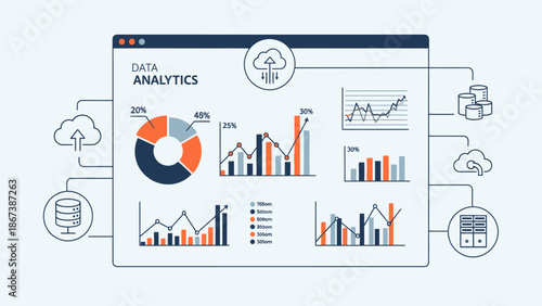 Data analytics dashboard with various charts and graphs for business information visualization on a digital interface.