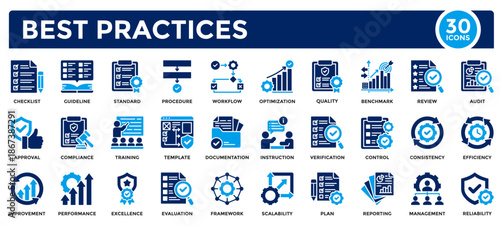 Best practices icon collection. Containing standard, procedure, efficiency, Management, quality, performance, improvement, training icon. Simple flat vector illustration.