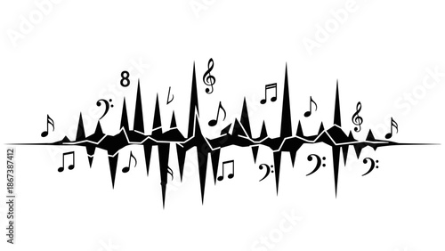 Dynamic sound wave illustration with various musical notes, symbolizing rhythm and melody, on isolated white background