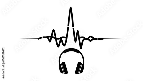 Headphones combined with a rhythmic sound wave pulse line, symbolizing a deep connection to music, on isolated white background