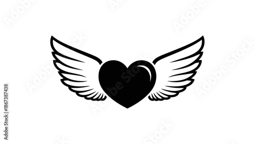 Black heart with outstretched wings, symbolizing love, freedom, and dreams, on isolated white background