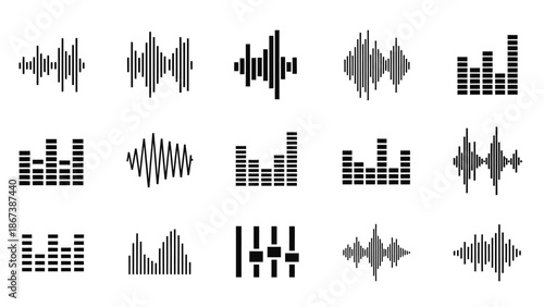 Collection of diverse sound wave and equalizer icons, visualizing various audio frequencies, on isolated white background