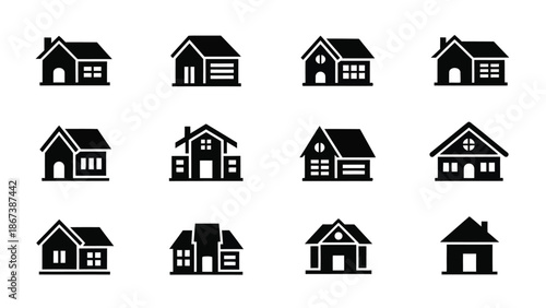 Collection of various house icons displayed on a white background