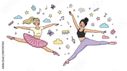 Two Happy Young Women Performing Ballet Jumps in the Air. Cheerful Dancers Practicing Graceful Leaps with Decorative Doodles. Artistic Vector Illustration of Female Ballet Dancers.