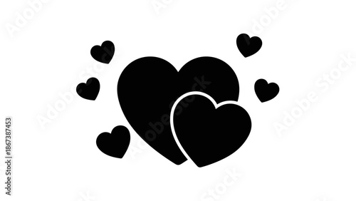 Group of multiple black heart shapes of different sizes, symbolizing love and affection, on isolated white background
