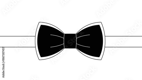 Black bow tie on a decorative white ribbon, symbolizing elegance and celebration, on isolated white background