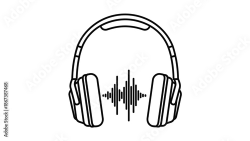 Outline drawing of headphones with sound waves indicating audio playback on isolated white background
