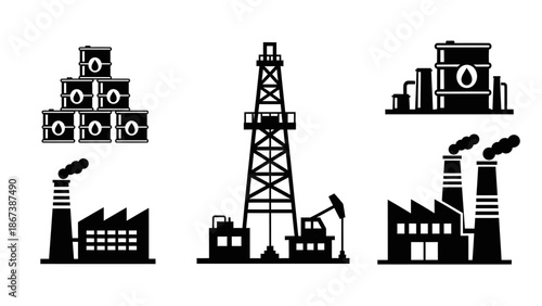 Black vector illustration of an industrial oil refinery plant skyline featuring factory buildings and towers within an urban construction silhouette