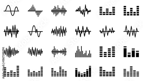 Abstract vector illustration set featuring a black pattern of musical notes and symbols designed as decorative icons and silhouette art elements for a creative tattoo or sign