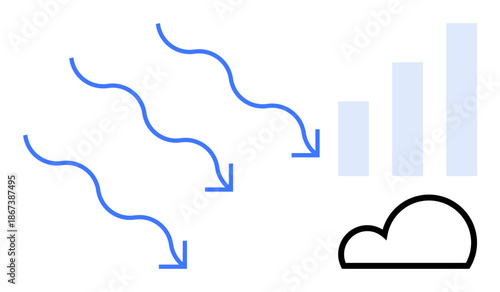 Data flow concept. Abstract arrows data transfer to a cloud, data management, cloud computing, and analysis. For technology, analytics, IT, business and networking