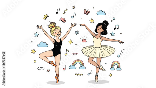 Happy Young Ballerinas Dancing with Musical Notes and Stars. Two Diverse Girls Practicing Ballet Positions in Cute Cartoon Style. Artistic Illustration of Little Dancers Performing.