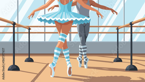 Professional Ballet Dancers Practicing in Studio. Male and Female Ballerinas Performing Dance Routine at Barre. Elegant Ballet Performance Vector Illustration.