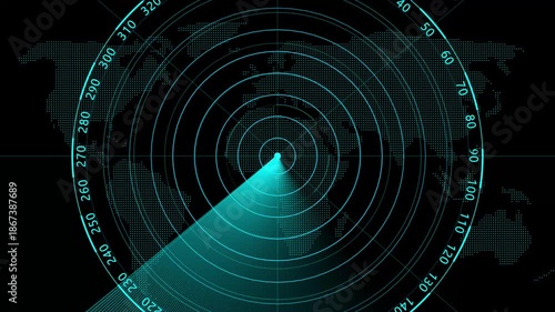 Radar screen loop with scanning beam circular grid.  Scanning Submarine Radar Screen with World Map. tracking systems, and advanced technology solutions. 