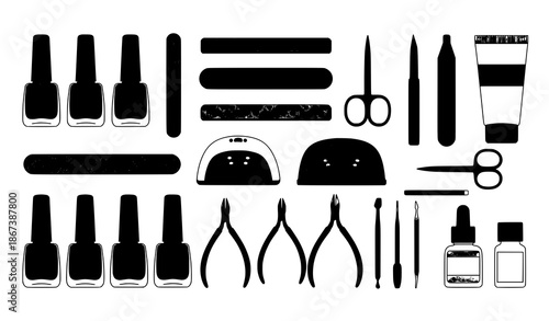 Manicure nail art tools flat vector illustration beauty salon set