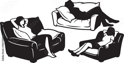 Women Relaxing on Sofas in Black and White Illustration