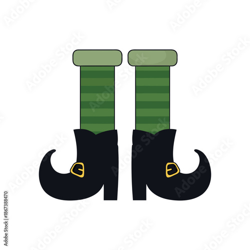 Stunning elf boots with green striped socks and gold buckles on white background