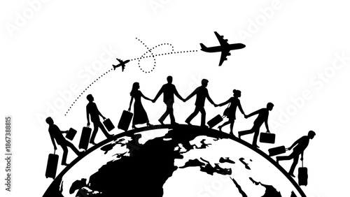 Silhouettes of People Holding Hands Around Earth Globe with Airplanes, Global Unity and Travel Concept