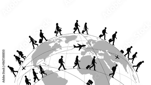 Silhouettes of People Walking Around Earth Globe with Airplanes and Travel Paths, Global Travel Concept