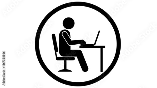 Professional Person Working with Laptop at Desk, Circular Black and White Silhouette Icon