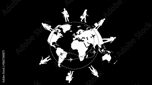 Global Network Connection with People and Travel Around the World, Black Background