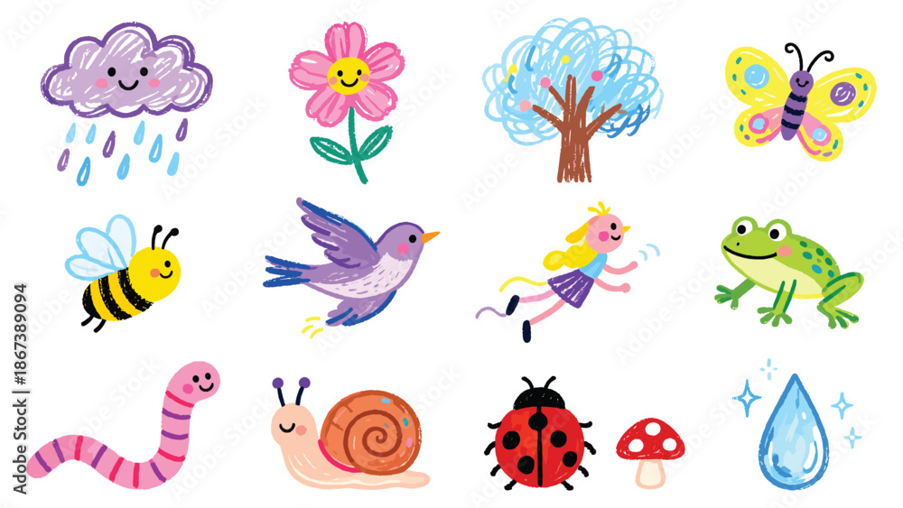 Fototapeta premium Vibrant illustrations of various insects and animals in a whimsical natural setting with flowers and trees