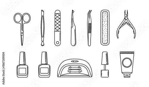 Manicure and nail art tools outline vector set for beauty salon